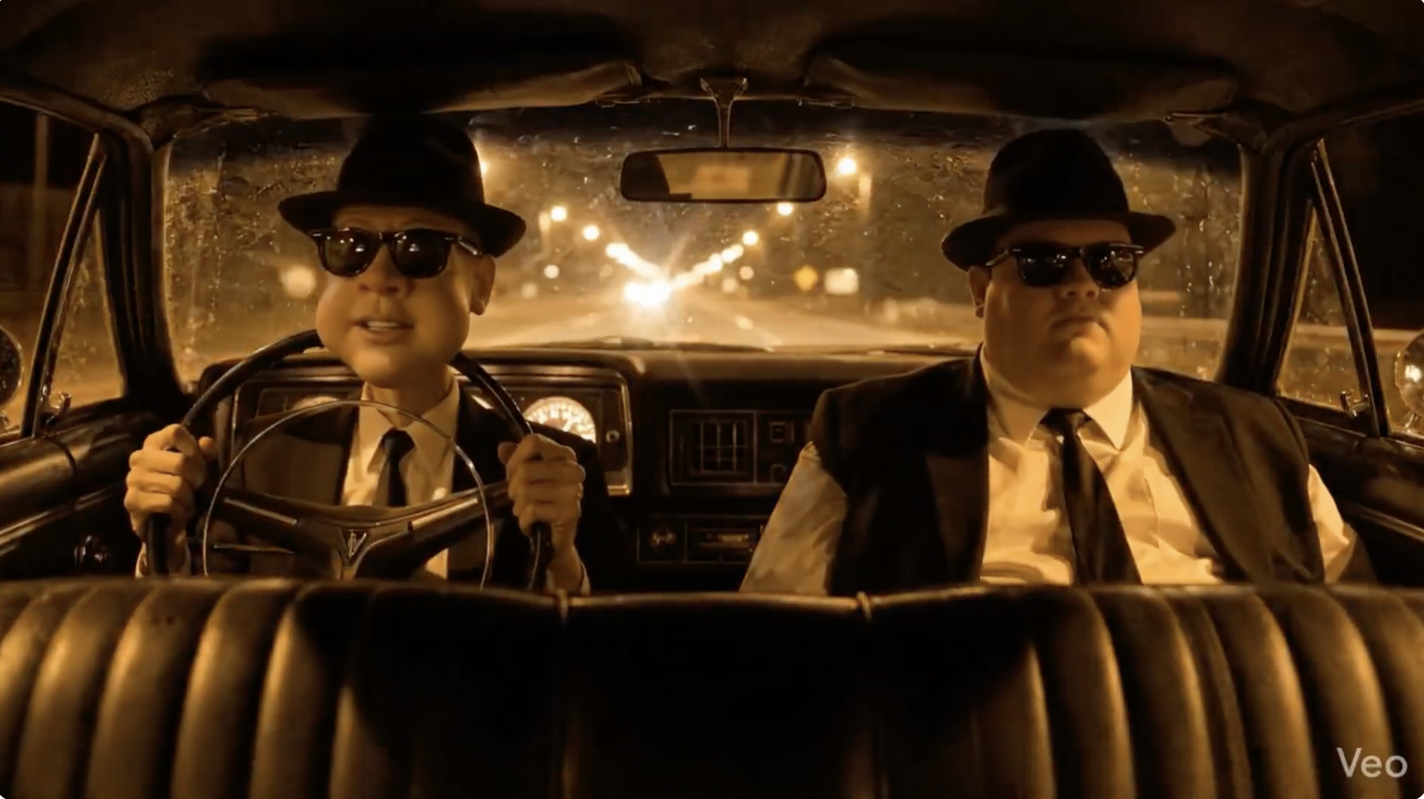 Take one: both Blues Brothers baby-faced men facing backward in the car